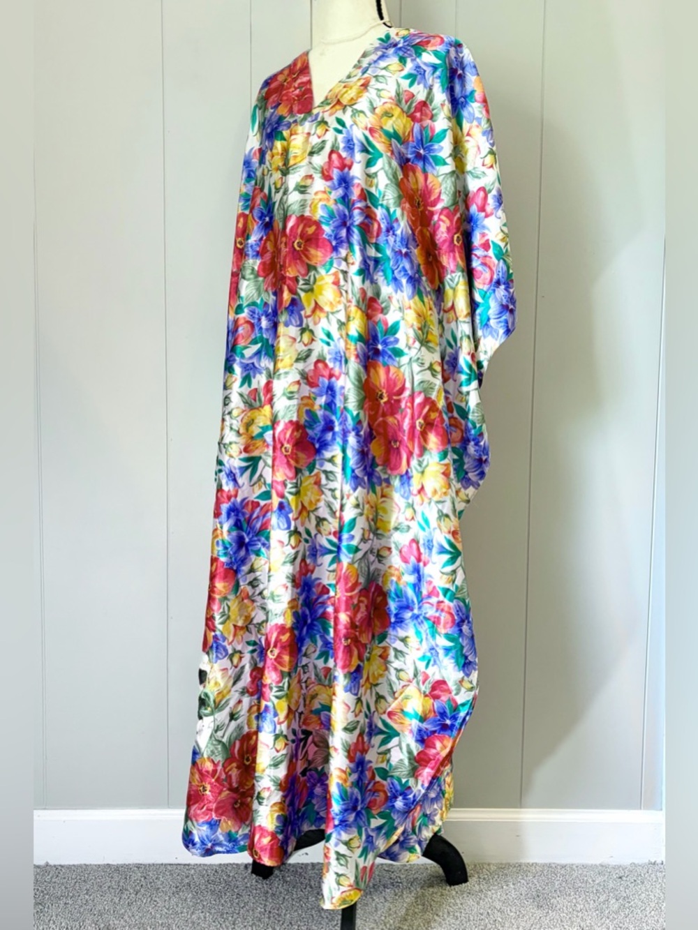 Stan Herman Vintage Multicolor Floral Caftan Kaftan Maxi Dress Satin Floral